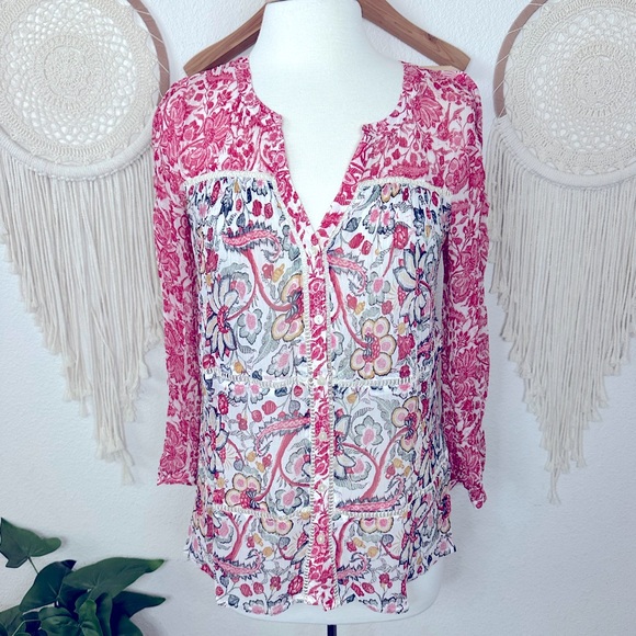 Lucky Brand Tops - Lucky brand boho floral print light sheer oversized blouse XS